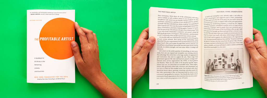 An image of the front cover of NYFA's "The Profitable Artist" book and another of two hands holding the book open - both against a bright green background and by Marco Scozzaro.