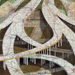 Collage of maps and acrylic painting depicting a web of roads in a suburban landscape pictured from above.