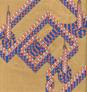Geometrical drawing in shades of orange, white, and blue over graph paper