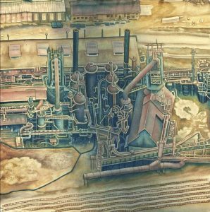 Drawing of a factory as seen from above in earthy tones.