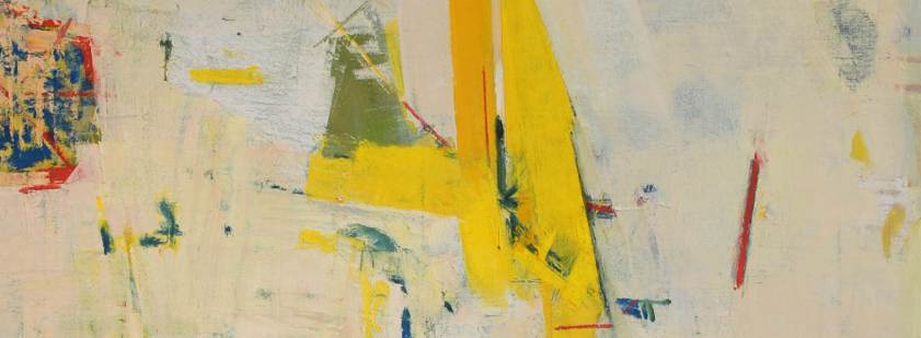 Image: A pale yellow, white painting that is about the size of one's torso. In it there are small, subtle fragmented marks that suggest buried information that is slightly peeking through. Within it in the middle, is a figure, barely present and seen in profile. The person faces the left side of the canvas and takes up the entire vertical length of the painting. He steps forward.