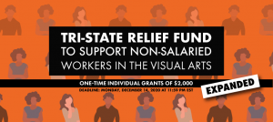 Image: Graphic with orange background advertising Tri-State Relief Fund opportunity, with grant amount and deadline listed. It's labeled as "expanded" to account for its expansion to include arts educators, arts publication editors, and arts curators.