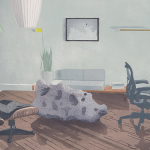 Image: An incongruous meteorite sits in the middle of a living room.