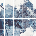 Large-scale abstract gridded multi-panel blue ink on paper drawing by Derek Lerner.