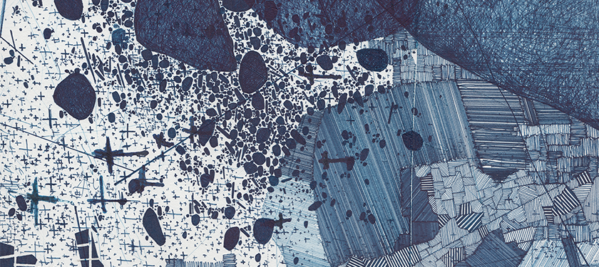 Detail image of a large-scale abstract gridded multi-panel blue ink on paper drawing by Derek Lerner.