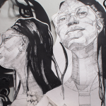Image: This work is a medium-sized black and white installation. With two portraits one gazing slightly above the viewer and the other looking off into the distance facing the left. Both heads are coming from one body with a large arm holding a container for palm nuts that are spilling out and off to the left. Both heads are haloed with black wisps that hold stars, cancellations, and planets.