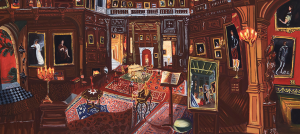 A small oil painting of a period interior with an ornate wood paneled room with many portraits hanging all over the walls.