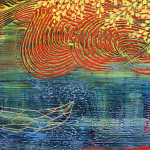 Image Detail: Brightly-colored painting with layered textures and designs in reds, yellows, and blues. More detailed, delicate lines are at the forefront.