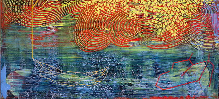 Image Detail: Brightly-colored painting with layered textures and designs in reds, yellows, and blues. More detailed, delicate lines are at the forefront.