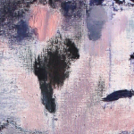Image: Detail of a Kuldeep Singh painting that shows close ups of brush strokes on canvas in pinks, mauves, teal, blues, and black with fainter more detailed brushstrokes underneath.