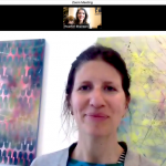 Image: A screenshot from an online studio visit held via zoom. Artist Ann Tarantino is pictured largely with two paintings behind her; Heather Bhandari is in a small thumbnail above.