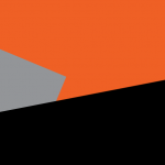 Image: Graphic with angled geometric solid shapes of black, grey, and orange.