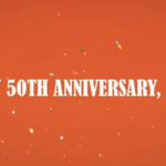 Image: Orange background with confetti imagery and text that reads: "Happy 50th Anniversary, NYFA!!!"