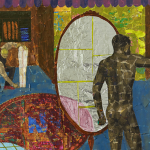 Image: Brightly colored, almost collage-like painting detail featuring a nude Black man in front of a mirror who is getting measured for a suit in a tailor's shop.