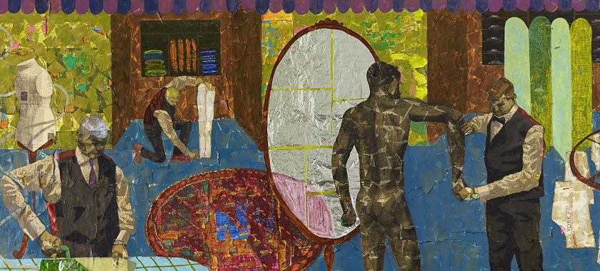 Image: Brightly colored, almost collage-like painting detail featuring a nude Black man in front of a mirror who is getting measured for a suit in a tailor's shop.