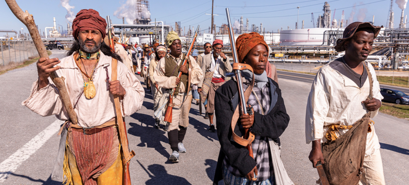 Image Detail: Dread Scott's "Slave Rebellion Reenactment," featuring contemporary people in historical garb, marching in Louisiana and armed with prop machetes, sickles, and muskets.