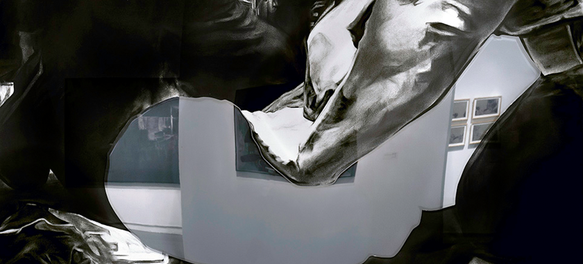 Image: Detail of a work that represents the 1991 killing of Freddy Pereira. The detail focuses on a police officer who presses his hands down on an invisible body; there is a mirror where the body should be, with the viewer and their surroundings reflected back.
