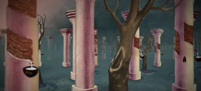 Image: A video still showing an watercolored illustration of a forest, with trees with out leaves and pink columns.