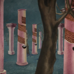 Image: A video still showing an watercolored illustration of a forest, with trees with out leaves and pink columns.