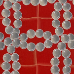 A red painting with white pearl circles interconnected to each other forming 3 loop shapes vertically and 4 loop shapes horizontally.