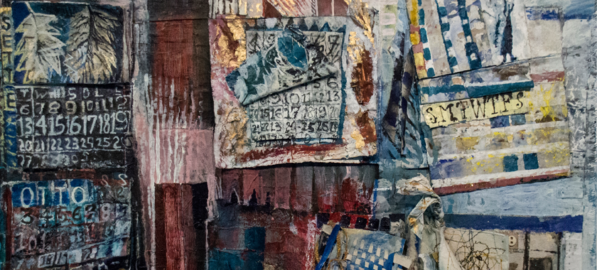 Image: Detail of a horizontal painting on linen, 2x3 feet. It is covered with many collaged elements, using acrylic and water color paint, pencil, paper, wire, buttons, thread, cotton, canvas, and linen. Roughly divided into a two and three row, ten or eleven box grid; each box representing a month of the year. The teal blues and Indian reds refer to the colors of the Roman frescos at Pompeii and Herculaneum.