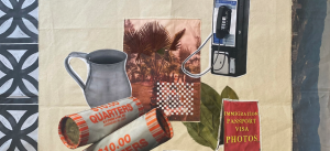 Image: Detail from an assemblage and embroidery work by Paola de la Calle. Images include palm leaves, an aluminum cup, a pay phone, an "Immigrant Passport Visa Photos" sign, and two rolls of quarters.