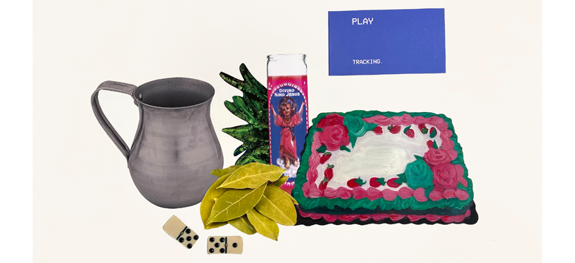 Image: Detail of a mixed media collage with rhinestones. Depicted are an aluminum cup, bay leaves, a votive candle, birthday cake, and other items referencing the artist's childhood.