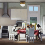 Image: Painting by Amy Bennett, with morning light illuminating a breakfast table where a family hunches over their cereal bowls partitioned by cereal boxes. A young girl is standing on a chair pursuing the options of a cupboard.