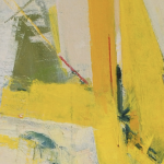 Image: A pale yellow, white painting that is about the size of one's torso. In it there are small, subtle fragmented marks that suggest buried information that is slightly peeking through. Within it in the middle, is a figure, barely present and seen in profile. The person faces the left side of the canvas and takes up the entire vertical length of the painting. He steps forward.