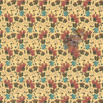 Image: Detail of a repeating wallpaper-like floral pattern with russet/orange flowers, olive/green leaves, and a spray of teal against a yellow background.