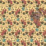 Image: Detail of a repeating wallpaper-like floral pattern with russet/orange flowers, olive/green leaves, and a spray of teal against a yellow background.