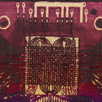 Image: The imagery of this work is inspired by a Japanese made Magnetic-Core Memory chip from the 1970’s. It is stylized to resemble imaginary of an ancient symbol, and is highlighted with specially ordered metallic gold thread that is made is Japan. The title is a reference to a species of butterfly with the same colors (magentas, golds, and dark brown that is almost black).