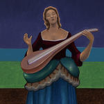 Image: A figurine plays the lute at night under a full moon near the sea.