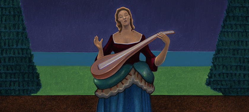 Image: A figurine plays the lute at night under a full moon near the sea.