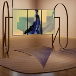 Image Detail: A video still appears on a three-panel screen and is displayed in a custom powder-coated steel sculptural frame above a custom hand-tufted carpet in a gallery setting.