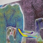 Image: Close-up of a painting by Ernesto Ibanez; a full-sized purple elephant is pictured next to a smaller elephant who is depicted in yellow, blue, and green