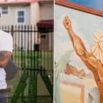 Image: Detail of a photo diptych by Francisco Cortés; one half is a portrait of an individual wearing a white tee-shirt, arms and neck exposed with tattoos; the other is a photo of a god-like figure who has been painted on the side of a brick building, arms raised triumphantly.