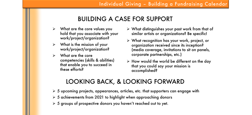 Image: screenshot of a presentation slide with prompts for building your case for fundraising support.