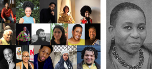 Image: Composite image featuring 16 Incubator participants on the left, and a larger black and white headshot of Incubator facilitator Babette Baker.