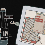 Image of an artwork that depicts a laptop screen with multiple windows and tabs open. Next to the laptop are a beer bottle and coffee cup, with tags that list time of day - evening and morning, respectively. The image is set against a black background.