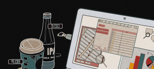 Image of an artwork that depicts a laptop screen with multiple windows and tabs open. Next to the laptop are a beer bottle and coffee cup, with tags that list time of day - evening and morning, respectively. The image is set against a black background.