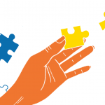 Blue and orange puzzle pieces have been joined together in the background. In the foreground, an orange hand holding a yellow puzzle piece is about to join it to another yellow piece that is held by a blue hand on the right.