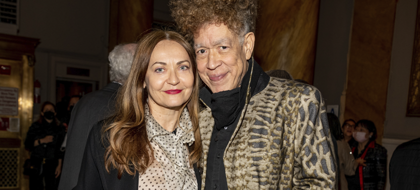 Two individuals, including artist Andres Serrano, pose at NYFA's 2022 Hall of Fame Benefit