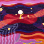 Detail of a vibrant cartoonish cosmic scene of our solar system’s creation atop a spinning vinyl-record platform supported by a pair of human-like hands, with emitted sound waves intertwining with precipitating clouds above and water waves below. Halos of hot reds, fuchsia, and cool blues.