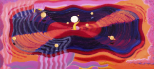 Detail of a vibrant cartoonish cosmic scene of our solar system’s creation atop a spinning vinyl-record platform supported by a pair of human-like hands, with emitted sound waves intertwining with precipitating clouds above and water waves below. Halos of hot reds, fuchsia, and cool blues.