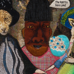 Image Detail: China Marks (Fellow in Craft/Sculpture '17); "A Singular Occasion;" 2017; fabric, thread, screen-printing ink, brass trim, residual latex paint, fusible adhesive on a contemporary tapestry copy of The Arnolfini Portrait by Van Eyck. Part of an on-going series of drawings on contemporary tapestry copies of 14-19th Century paintings, variously collaging and sewing are added into them, subverting both imagery and narrative, and writing dialogue and commentary which the artist embroiders and sews down. Shown here are two figures with a hand extended towards one another. The figure on the left wears a brown, blue, and grey outfit and has the face of a cheetah. The figure on the right wears a green, blue, and tan outfit and has the face of a giraffe. Between them is a dark figure who says “The spirits bless you!”