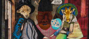 Image Detail: China Marks (Fellow in Craft/Sculpture '17); "A Singular Occasion;" 2017; fabric, thread, screen-printing ink, brass trim, residual latex paint, fusible adhesive on a contemporary tapestry copy of The Arnolfini Portrait by Van Eyck. Part of an on-going series of drawings on contemporary tapestry copies of 14-19th Century paintings, variously collaging and sewing are added into them, subverting both imagery and narrative, and writing dialogue and commentary which the artist embroiders and sews down. Shown here are two figures with a hand extended towards one another. The figure on the left wears a brown, blue, and grey outfit and has the face of a cheetah. The figure on the right wears a green, blue, and tan outfit and has the face of a giraffe. Between them is a dark figure who says “The spirits bless you!”