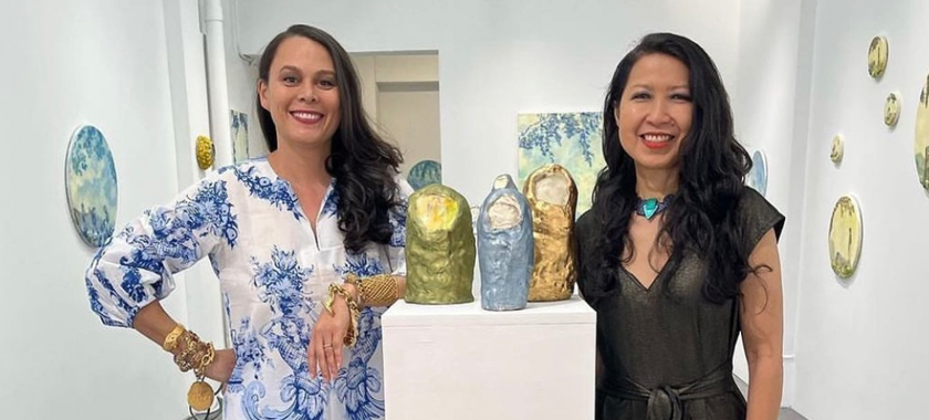 Image Detail: Photo of Natalie Kates and Cecile Chong surrounded by ceramic artworks and paintings at Kates-Ferri Projects in New York City