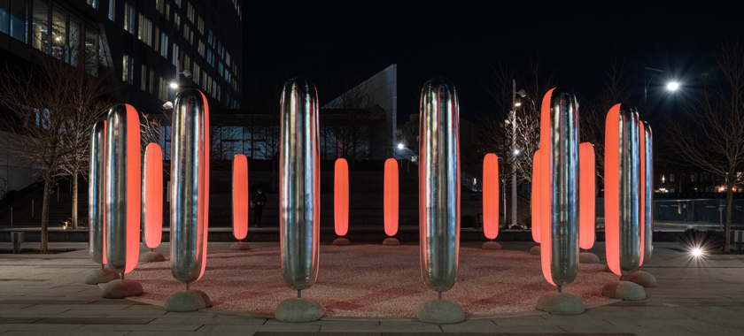 Image Detail: "Breathing Pavilion," installation comprised a 30-foot circle of 20 nine-foot two-tone illuminated inflatable columns.