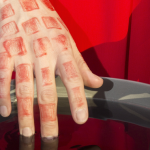 A hand covered in small, square red tattoos dips fingers into a bowl of dark water.
